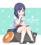 1girl ? animal_hands bean_bag_chair blue_eyes blue_hair blue_ribbon blue_sailor_collar blue_skirt bob_cut book breasts cat cat_slippers check_commentary chess_piece closed_mouth colored_inner_hair commentary_request cup dated donut_pillow doughnut food fuiba_fuyu full_body gochuumon_wa_usagi_desu_ka? hair_ornament hairclip hand_on_own_chin highres hoto_cocoa&#039;s_school_uniform king_(chess) kneehighs looking_at_another looking_at_object miniskirt mohei multicolored_hair neck_ribbon outline partial_commentary plaid plaid_sailor_collar plaid_skirt pleated_skirt reading ribbon sailor_collar school_uniform serafuku shirt short_hair short_sleeves simple_background sitting skirt small_breasts socks teacup translation_request two-tone_background two-tone_hair white_outline white_shirt white_socks 