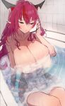  1girl :o bathing bathroom bathtub breasts cellphone cleavage closed_eyes collarbone convenient_censoring demon_horns getto heterochromia highres holding holding_phone hololive hololive_english horns huge_breasts irys_(hololive) irys_(irys_2.0)_(hololive) long_hair multicolored_hair naked_towel phone pointy_ears purple_hair red_hair smartphone solo steam steam_censor thighs towel two-tone_hair very_long_hair virtual_youtuber 