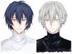  2boys black_shirt blue_eyes blue_hair closed_mouth earrings expressionless grey_eyes grey_hair highres idolish7 jewelry lllll_rei looking_at_viewer male_focus mole mole_under_eye multiple_boys oogami_banri shirt short_hair sketch turtleneck white_shirt yuki_(idolish7) 