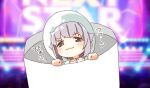  1girl :3 blurry blurry_background blush brown_eyes chibi closed_mouth collarbone depth_of_field envelope grey_hair hair_flaps hands_up highres idolmaster idolmaster_cinderella_girls idolmaster_cinderella_girls_starlight_stage koshimizu_sachiko looking_at_viewer manila_envelope peeking_out solo white_headwear yukie_(kusaka_shi) 