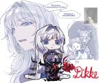  1girl bear blue_eyes cape character_name chibi coat dikke_(reverse:1999) disembodied_limb fur-trimmed_cape fur_trim grey_hair gyeol_124 hair_intakes highres long_hair multiple_views parted_lips photo_inset planted planted_sword polar_bear reverse:1999 solo sword weapon 