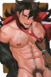  1boy abs absurdres bara body_hair chalseu chest_hair coat disembodied_limb ear_piercing english_commentary fangs fur-trimmed_coat fur_trim genshin_impact highres looking_at_another male_focus multiple_scars necktie necktie_grab neckwear_grab nipples open_mouth partially_undressed pectorals penis_out_of_frame piercing pubic_hair red_necktie scar scar_on_shoulder scar_on_stomach wriothesley_(genshin_impact) 