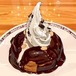  chocolate_syrup food food_focus highres indoors komeda&#039;s_coffee miri_illust no_humans original plate restaurant shiro-noir sparkle syrup table whipped_cream wooden_table 
