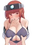  1boy 1girl :o bare_shoulders blush breasts breasts_squeezed_together cleavage goggles goggles_on_head grabbing grabbing_another&#039;s_breast groping hetero highres huge_breasts last_origin leprechaun_(last_origin) looking_at_viewer narodenden off_shoulder open_mouth pov red_eyes red_hair simple_background solo_focus white_background 