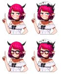  1girl absurdres bare_shoulders beret black_choker blue_eyes blush bob_cut bow choker choppy_bangs closed_mouth commentary cross-shaped_pupils ddolbang dress earrings empire_waist english_commentary frilled_dress frills glasses hand_on_own_hip hat hat_bow heterochromia highres hololive hololive_english horns index_finger_raised irys_(casualrys)_(hololive) irys_(hololive) jewelry looking_at_viewer nail_polish necklace official_alternate_costume official_alternate_hairstyle pink_eyes pink_nails pointy_ears red_hair short_hair sideways_glance simple_background single_earring sleeveless sleeveless_dress smile smug solo spaghetti_strap sparkle_print split_mouth swept_bangs symbol-shaped_pupils upper_body variations virtual_youtuber white_background white_dress white_headwear 