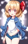 1girl alternate_costume black_background blonde_hair blue_buruma blue_jacket blurry blurry_background buruma commentary_request hairband highres jacket long_sleeves looking_at_viewer open_mouth red_eyes red_hairband rumia ruu_(tksymkw) shirt short_hair short_sleeves solo touhou white_shirt 