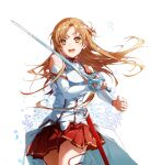  1girl aincrad armor asuna_(sao) blush braid breast_press brown_eyes brown_hair flower highres holding holding_sword holding_weapon knights_of_blood_uniform_(sao) long_hair looking_at_viewer open_mouth rapier smile solo sword sword_art_online thighhighs weapon white_armor yoru_kiri 