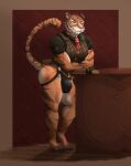absurd_res anthro bedroom_eyes big_bulge big_butt big_pecs bulge butt clothed clothing digitigrade epic_games felid formal_wear fortnite fur grin hi_res jewelry jockstrap leaning leaning_forward male mammal muscular muscular_thighs narrowed_eyes necktie orange_body orange_fur oscar_(fortnite) pantherine partially_clothed pecs pink_nose raised_tail scar seductive smile solo stripes tail thick_thighs tiger tight_clothing topwear underwear versace vest yannirosegold yellow_eyes
