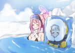  2girls absurdres bikini black_bikini blue_archive breasts cleavage closed_eyes closed_mouth eimi_(blue_archive) eimi_(swimsuit)_(blue_archive) frozen fur-trimmed_jacket fur_trim gevuxx goggles goggles_on_head halo highres himari_(blue_archive) ice jacket large_breasts long_hair multiple_girls official_alternate_costume outdoors partially_submerged pink_hair ponytail sidelocks smile swimsuit upper_body very_long_hair water white_hair yellow_jacket 