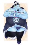 absurd_res anthro belly black_hair blue_body blush clothed clothing crossdressing facial_hair fish-men_(one_piece) footwear gesture hair hand_heart hi_res high_heels jinbe khwan_zg legwear male marine one_eye_closed one_piece overweight panties solo stockings tusks underwear wink