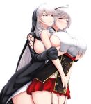  2girls absurdres ahoge algerie_(azur_lane) algerie_(meta)_(azur_lane) azur_lane blush breasts commission english_commentary gold_trim grabbing grabbing_another&#039;s_breast grabbing_from_behind grey_hair highres huge_breasts long_hair miniskirt mole mole_under_eye multiple_girls musanix purple_eyes red_skirt sideboob signature skirt very_long_hair yuri 