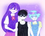  1girl 2boys :d :| ^_^ artist_name basil_(headspace)_(omori) basil_(omori) black_eyes black_sweater black_tank_top blue_hair blue_overalls blush brother_and_sister closed_eyes closed_mouth hand_on_another&#039;s_arm hand_on_another&#039;s_shoulder head_wreath highres looking_at_viewer mari_(headspace)_(omori) mari_(omori) multiple_boys neckerchief omori omori_(omori) overalls pleated_skirt purple_background red_neckerchief santtalgi_keikeu shirt short_hair short_sleeves siblings sidelocks skirt smile suspenders sweater sweater_vest tank_top twitter_username wing_collar yellow_shirt 