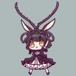 1girl :3 \o/ animal_ears arms_up black_bow black_bowtie black_dress black_footwear black_hair bow bowtie center_frills chibi commentary_request dated_commentary dress dress_bow frilled_dress frills full_body grey_background holding holding_scissors legs_apart looking_at_viewer lowres medium_hair open_mouth original outstretched_arms puffy_short_sleeves puffy_sleeves rabbit_ears rakuni scissors short_sleeves simple_background solo standing thick_eyebrows white_dress yellow_eyes 