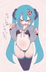  &gt;_&lt; 1girl anger_vein aqua_hair banananosongen bikini blush_stickers clenched_hands commentary cropped_hoodie frontless_outfit hair_between_eyes hatsune_miku highres hood hoodie micro_bikini navel open_mouth revealing_clothes shiny_skin skindentation solo swimsuit thighs translated twintails vocaloid w_arms 