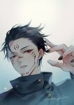  1boy 2496oyakodon black_hair black_jacket black_nails extra_eyes facial_tattoo fushiguro_megumi gakuran gradient_background hair_slicked_back highres jacket jujutsu_kaisen looking_at_viewer male_focus parted_lips reaching reaching_towards_viewer red_eyes ryoumen_sukuna_(jujutsu_kaisen) school_uniform short_hair simple_background solo spoilers tattoo upper_body 