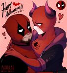  1boy 1girl artist_name beard black_bodysuit blush bodysuit breasts closed_mouth copyright_request cosplay deadpool deadpool_(cosplay) facial_hair happy_halloween heart hetero highres hood hood_down horns hug large_breasts looking_at_another marvel original pan_(panqlao) panqlao red_bodysuit smile spider-man spider-man_(cosplay) spider-man_(series) 