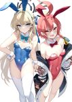  2girls absurdres ahoge animal_ears aosaki_yukina aqua_bow aqua_bowtie bandaid bandaid_on_knee bandaid_on_leg bare_legs bare_shoulders blonde_hair blue_archive blue_leotard bow bowtie braid breasts covered_nipples detached_collar fake_animal_ears feet_out_of_frame flat_chest groin halo highleg highleg_leotard highres huge_ahoge jacket jacket_partially_removed leotard looking_at_viewer mole mole_under_each_eye mole_under_eye multiple_girls multiple_moles neru_(blue_archive) neru_(bunny)_(blue_archive) official_alternate_costume oversized_breast_cup pink_hair playboy_bunny rabbit_ears red_bow red_bowtie red_leotard simple_background single_braid small_breasts strapless strapless_leotard sukajan thighhighs toki_(blue_archive) toki_(bunny)_(blue_archive) two-sided_fabric two-sided_jacket white_background white_thighhighs wrist_cuffs 