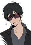  1boy black_hair black_shirt cigarette grey_shirt jacket looking_at_viewer male_focus nicholas_d._wolfwood raine_(acke2445) shirt short_hair simple_background solo sunglasses trigun upper_body white_background 