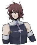 1boy bare_shoulders blue_shirt brown_eyes brown_hair cleavage_cutout clothing_cutout cropped_torso dated detached_sleeves high_collar hiryuu_(kana_h) kratos_aurion light_frown looking_to_the_side male_focus shirt short_hair signature simple_background solo spiked_hair tales_of_(series) tales_of_symphonia upper_body white_background 