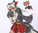  1girl :&gt; animal_ear_fluff animal_ears black_kimono black_tail blush_stickers bow breasts brown_hair chest_sarashi commentary_request cowboy_shot dark-skinned_female dark_skin fighting_stance fox_ears fox_girl grey_hair hair_bow hair_over_eyes hakama hakama_skirt halcyon_(halcyon90) high_ponytail izuna_(mon-musu_quest!) japanese_clothes katana kimono kudagitsune long_sleeves looking_at_viewer metal_eyepatch mon-musu_quest! mon-musu_quest:_paradox multiple_tails notched_ear orange_eyes parted_bangs ready_to_draw red_bow red_hakama sarashi sheath sheathed simple_background single_off_shoulder skirt small_breasts solo sword tail weapon white_background wrist_wrap 