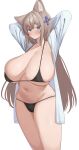  1girl animal_ear_fluff animal_ears arms_behind_head arms_up bikini black_bikini blue_eyes blush breasts breasts_apart brown_hair cat_ears closed_mouth collarbone cowboy_shot curvy groin hair_between_eyes hair_ornament highres huge_breasts long_hair long_sleeves looking_at_viewer micro_bikini narodenden navel open_clothes original shirt simple_background skindentation solo standing stomach string_bikini swimsuit thighs very_long_hair white_background 