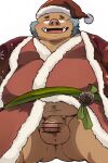 anthro balls belly blue_hair blush bottomless brown_body brown_fur butt censored christmas christmas_clothing clothed clothing facial_hair flaccid foreskin fupa fur genitals gouryou hair hi_res holidays ineffective_censorship lifewonders male mammal navel overweight penis rui_owo solo suid suina sus_(pig) tokyo_afterschool_summoners tusks wild_boar