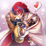  1boy 1girl alear_(fire_emblem) alear_(male)_(fire_emblem) blue_gloves blue_hair blush brown_hair cape closed_eyes commentary commission fire_emblem fire_emblem_engage gloves goldmary_(fire_emblem) gzei heart highres kiss multicolored_hair red_hair spoken_heart streaked_hair upper_body white_cape white_gloves 