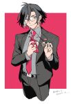  1boy alternate_costume belt bespectacled black_belt black_hair black_jacket black_pants black_suit border closed_mouth collared_shirt constantine_xi_(fate) cropped_legs curtained_hair earrings fate/grand_order fate_(series) glasses grey_eyes grey_shirt hair_between_eyes handkerchief highres holding holding_handkerchief holding_removed_eyewear jacket jewelry kitada lapel_pin lapels long_sleeves looking_at_viewer male_focus necktie notched_lapels open_clothes open_jacket outside_border pants red_background red_necktie shirt shirt_tucked_in short_hair simple_background smile solo standing suit suit_jacket unworn_eyewear white_border 