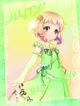  1girl absurdres bare_shoulders blonde_hair braid brown_hair dress elbow_gloves flower gloves green_dress green_eyes green_theme hair_flower hair_ornament happy_birthday highres inubouzaki_itsuki looking_at_viewer pokomi ribbon rose short_hair smile solo yellow_flower yellow_rose yuuki_yuuna_wa_yuusha_de_aru yuusha_de_aru 