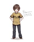  1boy aged_down black_pants blue_eyes brown_footwear brown_hair final_fantasy final_fantasy_viii full_body hands_on_own_hips hiryuu_(kana_h) looking_at_viewer male_focus pants roman_numeral shadow shirt short_hair simple_background solo squall_leonhart standing t-shirt translation_request v-neck white_background yellow_shirt 