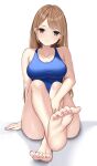  1girl absurdres barefoot blue_one-piece_swimsuit breasts brown_eyes brown_hair collarbone competition_swimsuit feet foot_focus foot_up foreshortening highres knees_up legs long_hair looking_at_viewer medium_breasts nail_polish ncontrail_(mgax7527) one-piece_swimsuit original simple_background sitting soles solo swimsuit toe_scrunch toenail_polish toenails toes white_background 