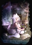  1girl animal_ears animal_feet book bookshelf cat_ears cat_girl cat_tail dress highres long_hair looking_at_viewer mono_(nekogoya) mouth_hold on_ground open_book original petal_in_mouth plant potted_plant sash sleeveless sleeveless_dress stool tail white_dress white_hair yellow_eyes 