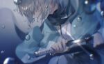  1girl blurry covered_eyes depth_of_field fate/grand_order fate_(series) from_side glint grey_hair hakama hakama_skirt haori highres holding holding_sword holding_weapon japanese_clothes katana kimono long_bangs mipi muted_color okita_souji_(fate) okita_souji_(koha-ace) scarf short_hair skirt solo sword upper_body water_drop weapon white_kimono 