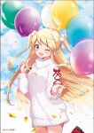  1girl :d balloon blonde_hair bow cloud cloudy_sky commentary_request confetti day floating_hair hair_between_eyes hair_ornament hairclip hands_up hara_yui holding holding_balloon kin-iro_mosaic kujou_karen light_blush long_hair long_sleeves merchandise_available naked_shirt official_art one_eye_closed open_mouth outdoors pinstripe_sweater pom_pom_(clothes) pom_pom_hair_ornament purple_eyes red_bow red_footwear red_ribbon ribbed_sweater ribbon ribbon-trimmed_sleeves ribbon_trim second-party_source shirt sky smile solo sweater turtleneck two_side_up very_long_hair white_sweater x_hair_ornament 