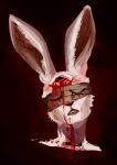 3_eyes anthro blood blood_on_face bodily_fluids crying_blood eye_wraps female fur gore head_wraps headshot_portrait lagomorph leporid lips long_ears mammal multi_eye portrait rabbit red_background red_eyes ruby_(rq) ruby_quest simple_background solo teeth white_body white_fur wraps xaiens