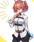  10mo 1girl ahoge arm_behind_back belt blush chaldea_uniform fate/grand_order fate_(series) fujimaru_ritsuka_(female) gem head_tilt highres holding holding_gem holding_ticket long_sleeves one_side_up orange_eyes orange_hair pleated_skirt saint_quartz_(fate) short_hair skirt solo summon_ticket_(fate) 