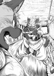 accessory angry anthro asakura_kento asian_clothing bulge canid canine canis clothing domestic_dog duo east_asian_clothing eyebrows fight fundoshi headband hi_res japanese_clothing kunai lifewonders male mammal monochrome ninja scar tadatomo thick_eyebrows tokyo_afterschool_summoners underwear warrior weapon yasuyori yelling