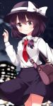  1girl bag black_headwear black_skirt blurry blurry_background bow braid brown_eyes brown_hair cityscape collared_shirt commentary_request hair_bow hat hat_bow highres looking_at_viewer necktie outdoors red_necktie ruu_(tksymkw) shirt shoulder_bag side_braid single_braid skirt solo touhou usami_renko white_bow white_shirt 
