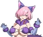  1girl animal_ears aochoku bare_shoulders blush bow breasts cleavage commentary elbow_gloves fate/grand_order fate_(series) fur-trimmed_gloves fur_collar fur_trim gloves hair_over_one_eye large_breasts looking_at_viewer mash_kyrielight mash_kyrielight_(dangerous_beast) o-ring open_mouth purple_eyes purple_gloves purple_hair revealing_clothes short_hair solo sweatdrop symbol-only_commentary tail upper_body white_background wolf_ears wolf_tail 