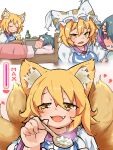  1boy 1girl :3 absurdres affectionate animal_ears animal_hat bed blonde_hair blush bottle breasts commentary_request dress eyes_visible_through_hair faceless faceless_male fang feeding fever fox_ears fox_girl fox_tail grey_hair hair_between_eyes hat heart highres holding holding_spoon incoming_food kitsune kyuubi large_breasts long_bangs long_sleeves looking_at_viewer mob_cap multiple_tails open_mouth pillow rice short_hair sick smile spoon table tail touhou unworn_hat unworn_headwear upper_body white_dress white_headwear yakumo_ran yellow_eyes yoshiyuki_(14330975) 