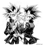  2boys asterisks_aya belt chain_necklace closed_eyes cowboy_shot greyscale halftone jacket jewelry looking_at_another monochrome multiple_boys necklace open_mouth pants smile spiked_hair white_background yami_yuugi yu-gi-oh! 
