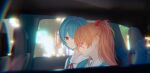  2girls absurdres ayanami_rei blue_dress blue_hair car_interior chromatic_aberration city closed_eyes closed_mouth collared_shirt commentary dress expressionless highres interface_headset kasuka_(18206541) long_hair looking_at_viewer multiple_girls neck_ribbon neon_genesis_evangelion night orange_hair parted_lips red_eyes red_ribbon ribbon school_uniform shirt sleeping souryuu_asuka_langley tokyo-3_middle_school_uniform white_shirt 