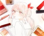  1other akiyama_mizuki art_tools_in_frame blush bow finger_to_mouth from_behind hair_bow long_sleeves looking_back makeup parted_lips photo_(medium) pink_eyes pink_hair pinky_out project_sekai side_ponytail suiren_nei traditional_media 