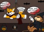 anthro canid canine confusionfoxy duo eulipotyphlan fan_character fox halloween halloween_costume hedgehog hi_res holidays male male/male mammal miles_prower portuguese_text sega sonic_the_hedgehog_(series) speech_bubble text