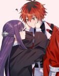  ? arm_wrap black_robe closed_mouth confused cow_(shadow) fern_(sousou_no_frieren) hands_on_own_cheeks hands_on_own_face highres long_hair long_sleeves looking_at_another purple_eyes purple_hair red_eyes red_hair robe shirt short_hair simple_background sousou_no_frieren standing stark_(sousou_no_frieren) white_background 