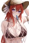  1girl absurdres arknights arm_strap arm_up bare_shoulders bikini black_bikini blush breasts brown_headwear cleavage collarbone food food_in_mouth hair_between_eyes hat highres horns large_breasts long_hair looking_at_viewer namikare popsicle purple_eyes red_hair simple_background slit_pupils solo surtr_(arknights) swimsuit upper_body very_long_hair white_background 