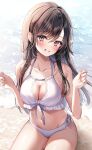  1girl beach bikini black_hair breasts brown_eyes cleavage frilled_bikini frills front-tie_bikini_top front-tie_top groin highres medium_breasts navel original parted_lips side-tie_bikini_bottom sitting smile solo swimsuit w_arms waves yugirlpict 