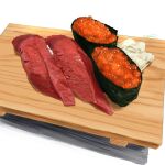  artist_name fish_(food) food food_focus ginger_root gunkanmaki highres ikura_(food) no_humans original roe signature sushi sushi_geta uroyama_(macrophage) white_background wooden_tray 