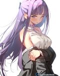  1girl bare_shoulders black_coat blunt_bangs breasts closed_mouth coat dress english_commentary fern_(sousou_no_frieren) grabbing_own_arm half_updo highres large_breasts long_hair looking_at_viewer off_shoulder patreon_username purple_eyes purple_hair simple_background sleeveless sleeveless_dress sleeveless_turtleneck_dress solo sousou_no_frieren sydus upper_body white_background white_dress 