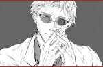  1boy anger_vein collared_shirt expressionless gnb01 goggles highres jacket jujutsu_kaisen lips looking_at_viewer male_focus monochrome nanami_kento portrait shirt short_hair solo suit suit_jacket 